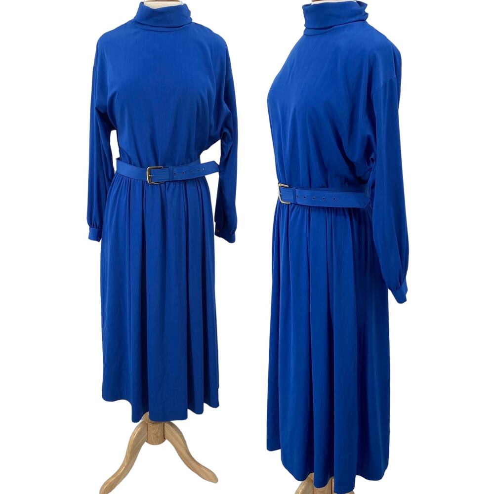 Vintage 70s Maxi Dress Buckle Belted Blouson Fit & Flare Mockneck Blue Womens 14